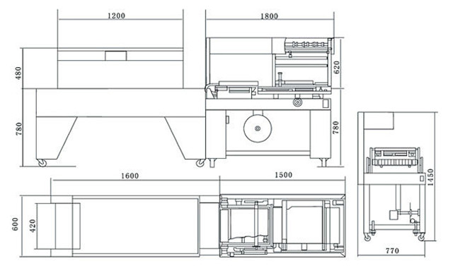 Dimensions of PE, PVC, POF film L-bar heat sealing shrink packaging machine
