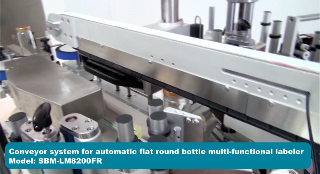 Conveyor system for automatic flat round bottle multi-functional labeler